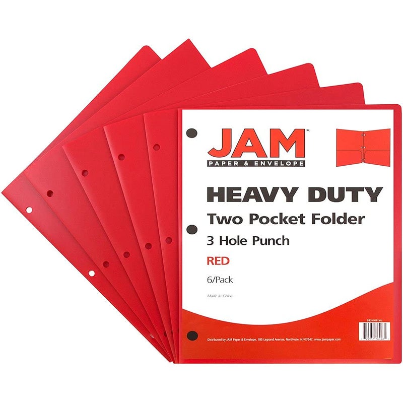 JAM PAPER Heavy Duty Plastic 3 Hole Punch Pocket Folders - Extra Tough School Folders - Red - 6/Pack - Image 2